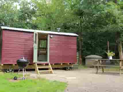 Cosy Shepherd's Hut with private hot tub, BBQ and outdoor dining table
