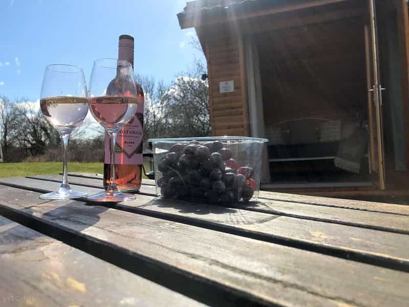 Wine and grapes on a bench at Moss Howe Farm