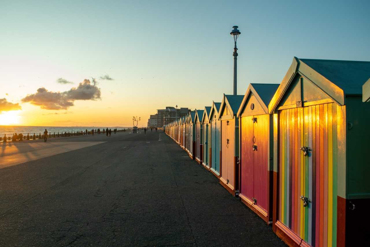 Colourful beach huts in East Sussex