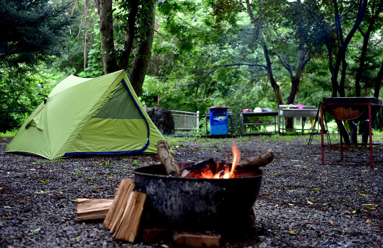 A tent pitch with a firepit area