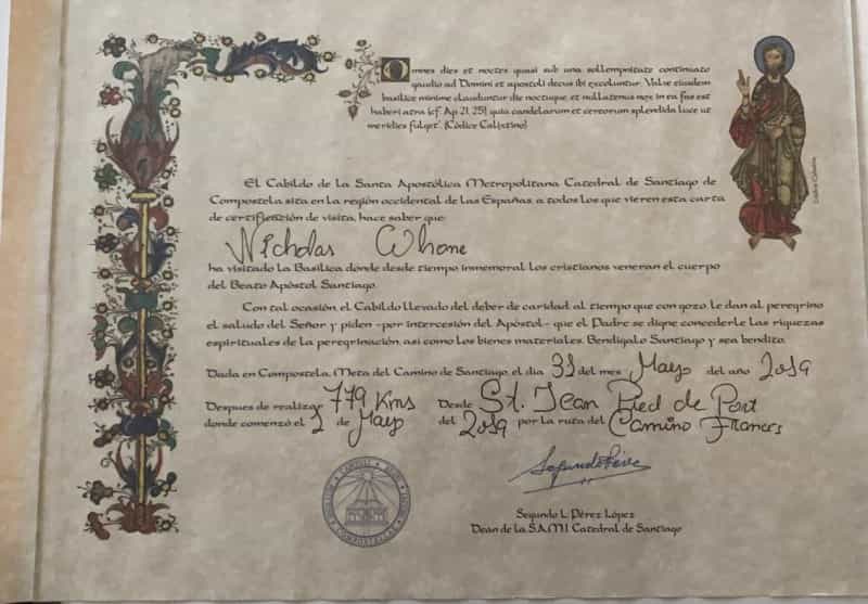 Compostela certificate (courtesy of Nick Whone)
