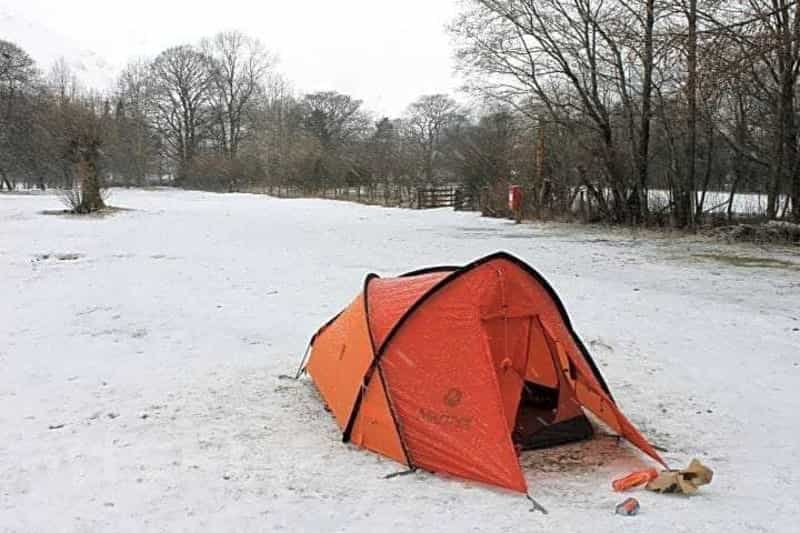 A small but sturdy tent is suitable for winter camping