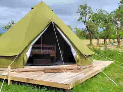 The bell tent with the orchard in the background