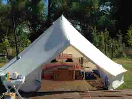 Fully equipped British bell tent with king size bed, wood burner, decking, BBW and electric sockets (added by manager 22 Apr 2017)