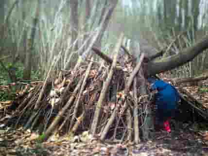 My son inspecting one of the dens and shelters that pop up in the woods. Come and build your own. (added by manager 01 May 2013)