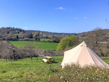 Bell tent pitch among wild flowers