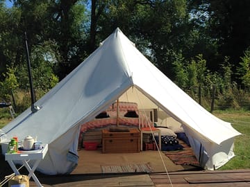 Fully equipped British bell tent with king size bed, wood burner, decking, BBW and electric sockets (added by manager 22 Apr 2017)
