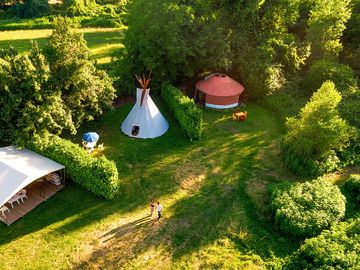 Aerial view of the glamping area