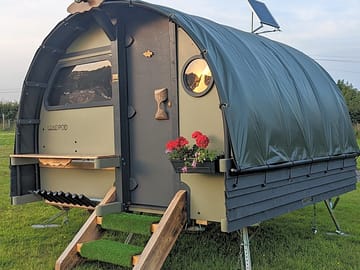LandPod exterior, with thermal-insulated roof, off-grid lighting and charging facilities